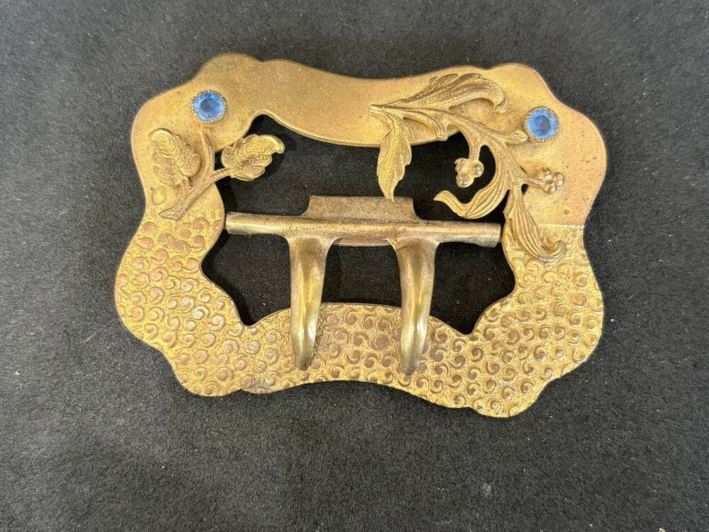 Antique Art Nouveau Gold Tone Brass Floral Blue Rhinestone Sash Belt Buckle